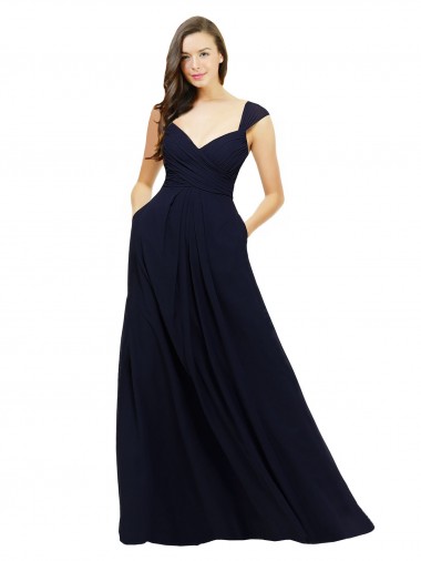Long Dark Navy Sleeveless A-Line Chiffon Bridesmaid Gowns Leeds