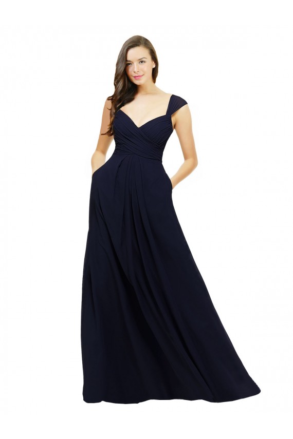 Long Dark Navy Sleeveless A-Line Chiffon Bridesmaid Gowns Leeds