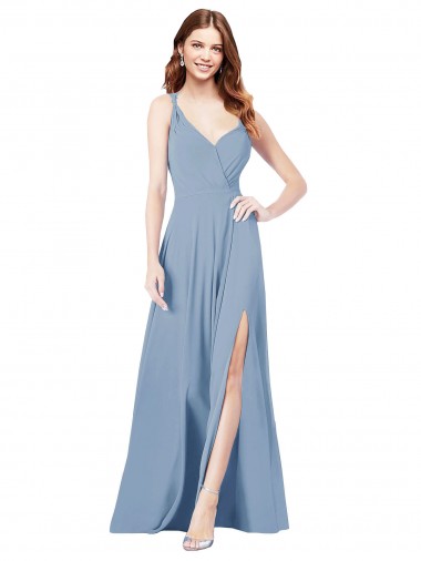 Long Dusty Blue Sleeveless A-Line Keyhole Back Formal Dress / Bridesmaid Dress Leeds