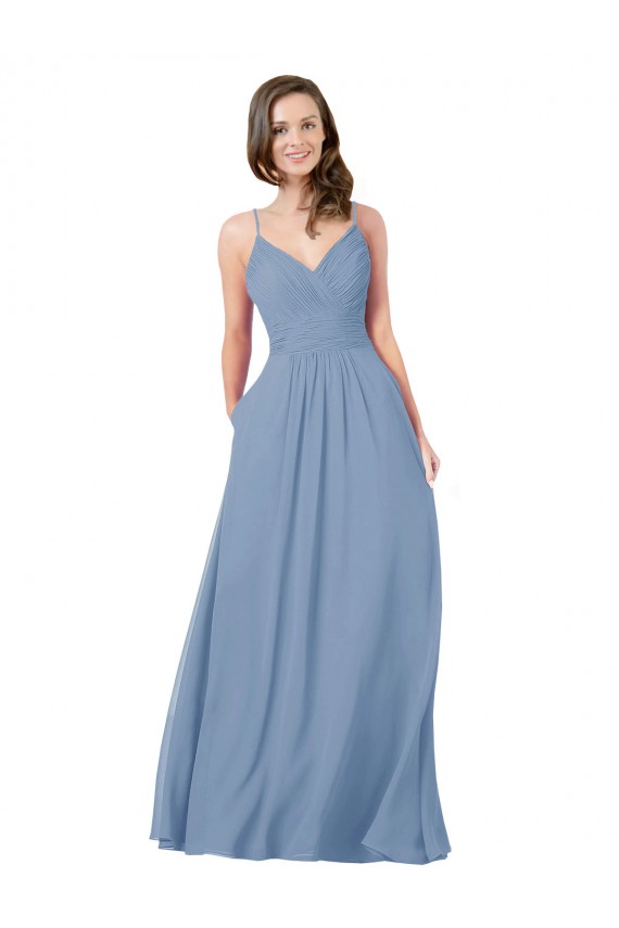Long Dusty Blue Sleeveless A-Line Open Back Bridesmaid Dress / Evening Dress Leeds