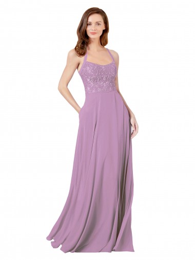 Long Dark Lavender Sleeveless A-Line Soft Chiffon & Lace Bridesmaid Dress Leeds