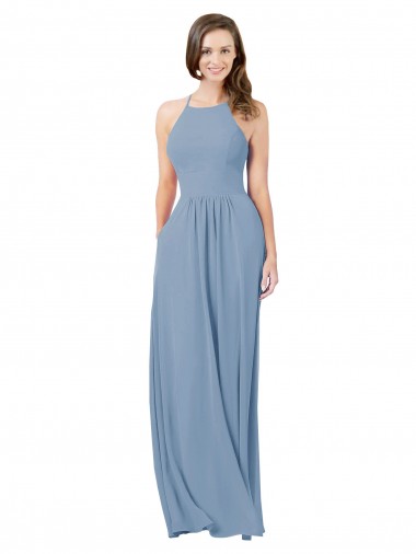 Long Dusty Blue Sleeveless A-Line Keyhole Back Bridesmaid Gowns Leeds