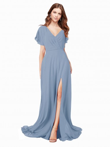 Long Dusty Blue Cap Sleeves A-Line Black Tie Prom Dress / Bridesmaid Dress Leeds