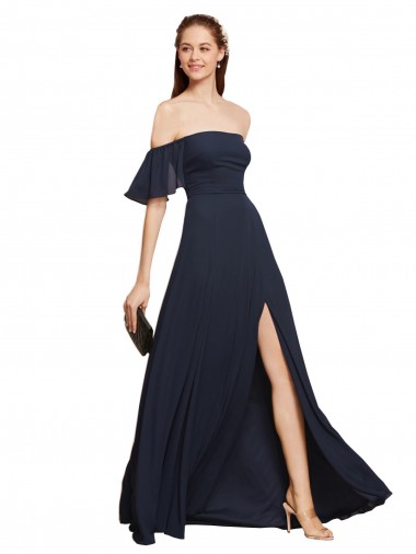 Long Dark Navy Sleeveless A-Line High Slit Prom Dress / Bridesmaid Dress Leeds