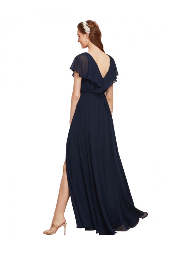 Long Dark Navy Cap Sleeves A-Line V-Back Bridesmaid Dress / Evening Gowns Leeds