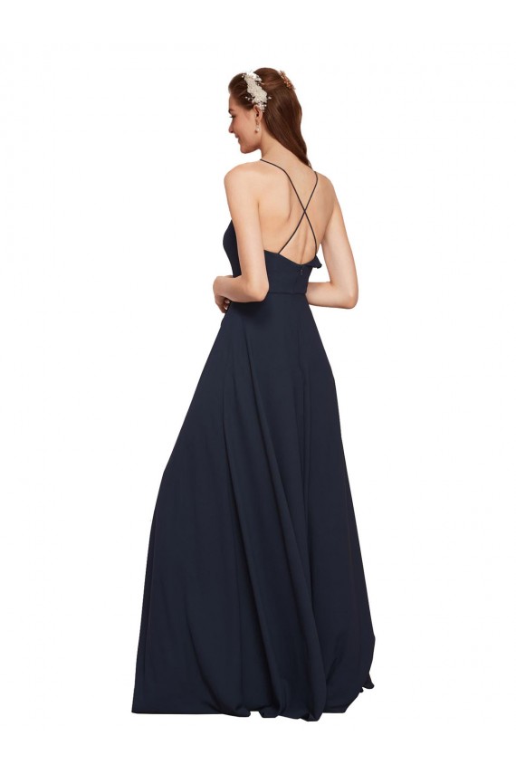 Long Dark Navy Sleeveless A-Line Open Back Bridesmaid Dresses Leeds