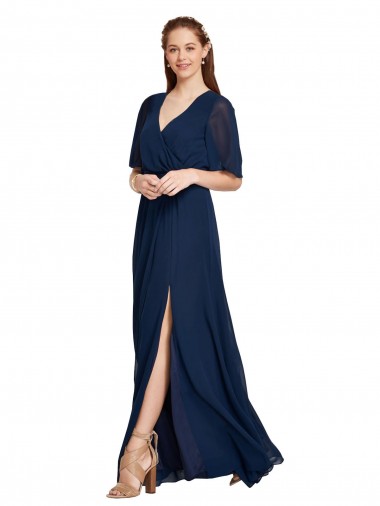 Long Dark Navy Flutter Sleeves A-Line Bridesmaid Dress / Formal Dress Leeds