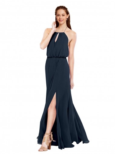 Long Dark Navy Sleeveless A-Line Open Back Front Side Slit Bridesmaid Dress / Evening Dress Leeds