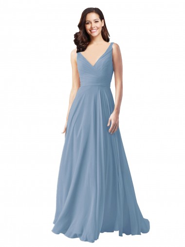 Long Dusty Blue Sleeveless A-Line Wedding Party Dress Leeds