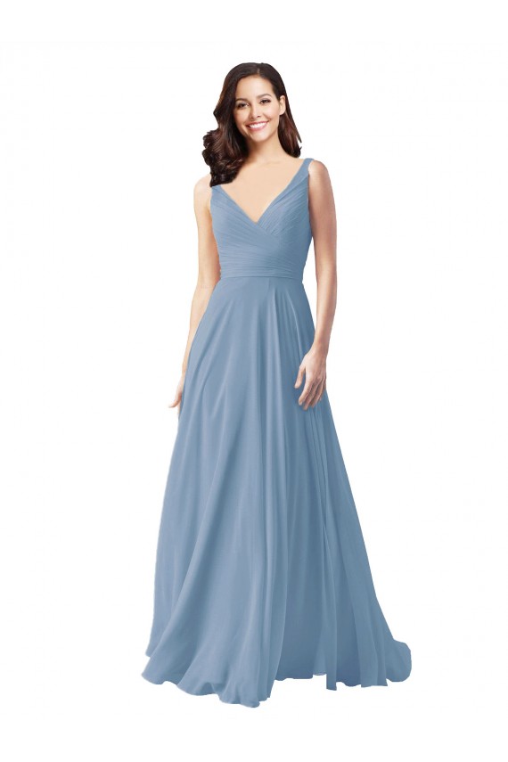 Long Dusty Blue Sleeveless A-Line Wedding Party Dress Leeds