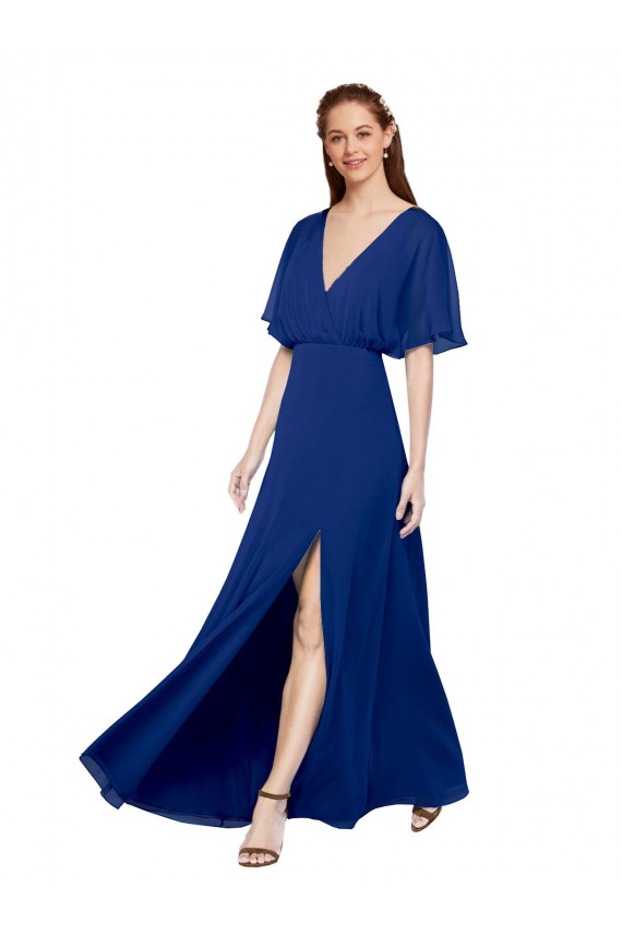 Long Royal Blue Flutter Sleeves A-Line Open Back Bridesmaid Dress / Evening Gowns Leeds