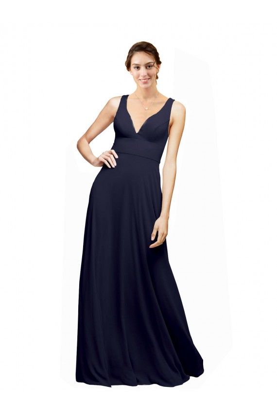 Long Dark Navy Sleeveless A-Line Open Back Wedding Guest Dress Leeds