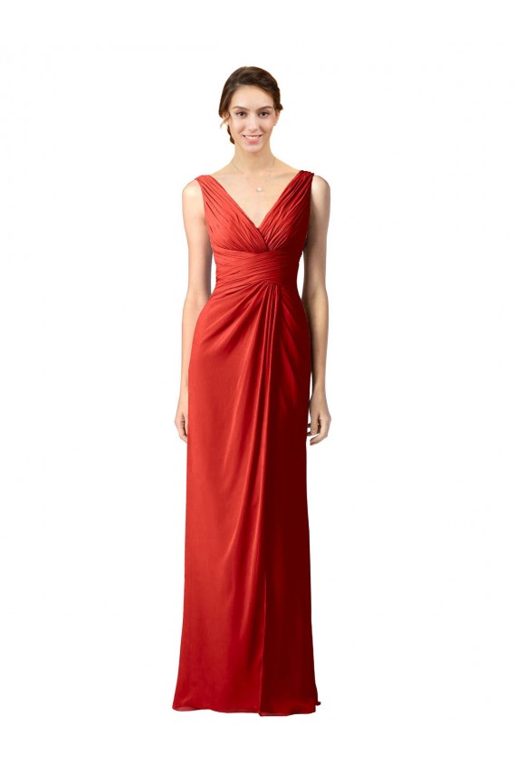 Long Red Sleeveless Sheath V-Back Bridesmaid Dress Leeds