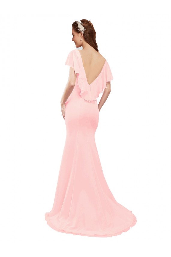 Long Pink Flutter Sleeves Mermaid V-Back Bridesmaid Dress Leeds