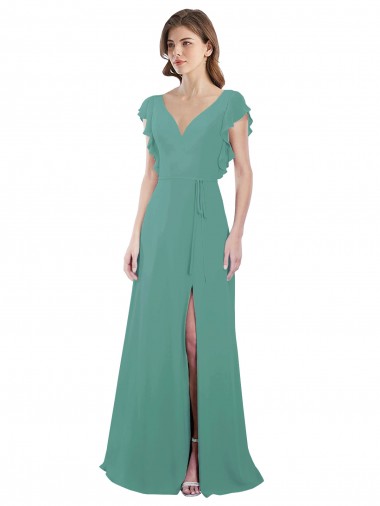 Long Icelandic Silver Cap Sleeves A-Line V-Back Formal Dress / Bridesmaid Dress Leeds