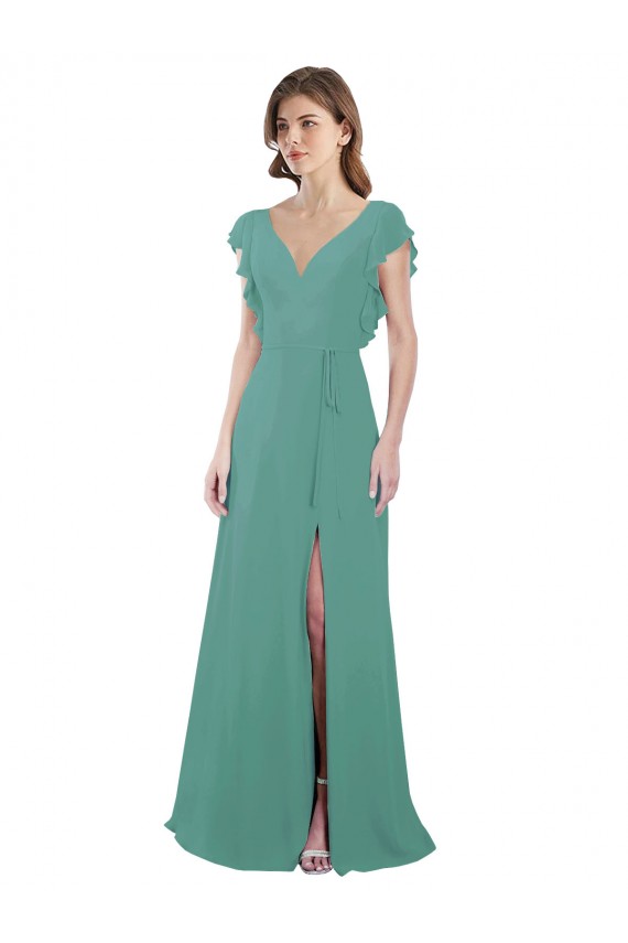 Long Icelandic Silver Cap Sleeves A-Line V-Back Formal Dress / Bridesmaid Dress Leeds