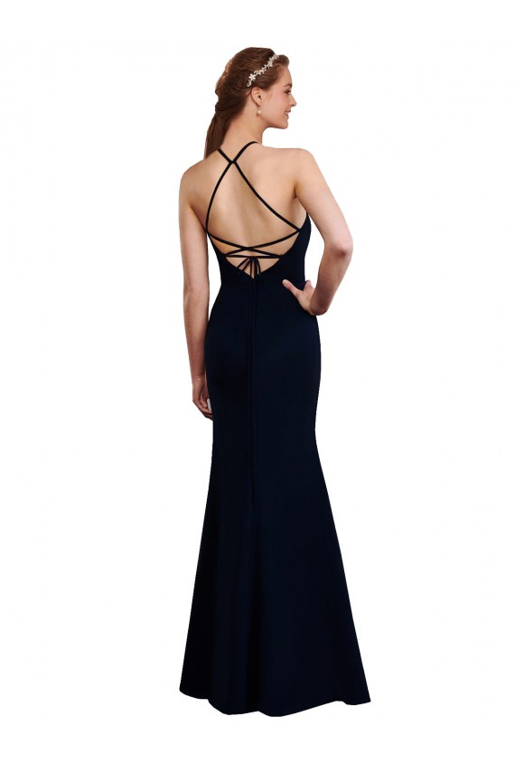 Long Dark Navy Sleeveless Mermaid Open Back Bridesmaid Dress Leeds