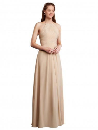 Long Champagne Sleeveless A-Line Low Back Soft Chiffon Bridesmaid Dress Leeds