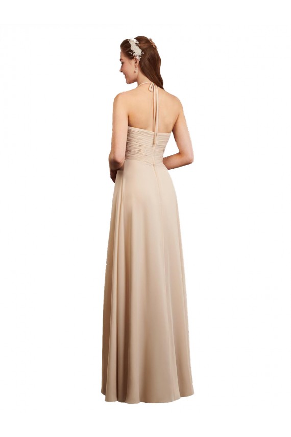 Long Champagne Sleeveless A-Line Low Back Soft Chiffon Bridesmaid Dress Leeds
