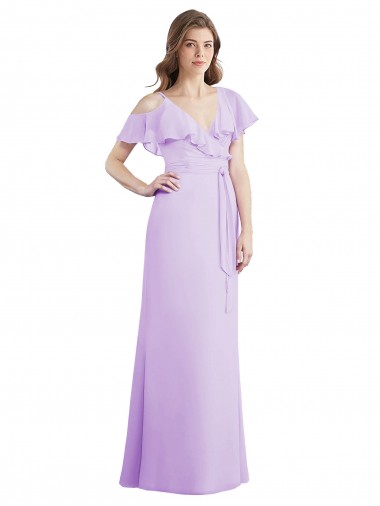 Long Lilac Cold Shoulder A-Line V-Back Bridesmaid Dresses Leeds