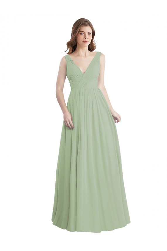 Long Smoke Green Sleeveless A-Line V-Back Formal Dress / Bridesmaid Dress Leeds