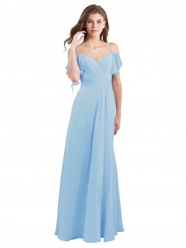 Long Light Sky Blue Cold Shoulder A-Line Low Back Bridesmaid Dress Leeds