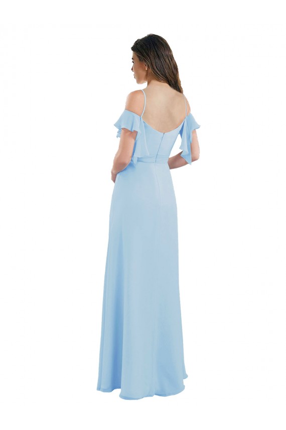Long Light Sky Blue Cold Shoulder A-Line Low Back Bridesmaid Dress Leeds