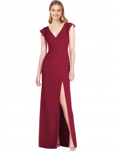 Long Burgundy Ruffle Sleeves Mermaid Tie Back Bridesmaid Dress Leeds