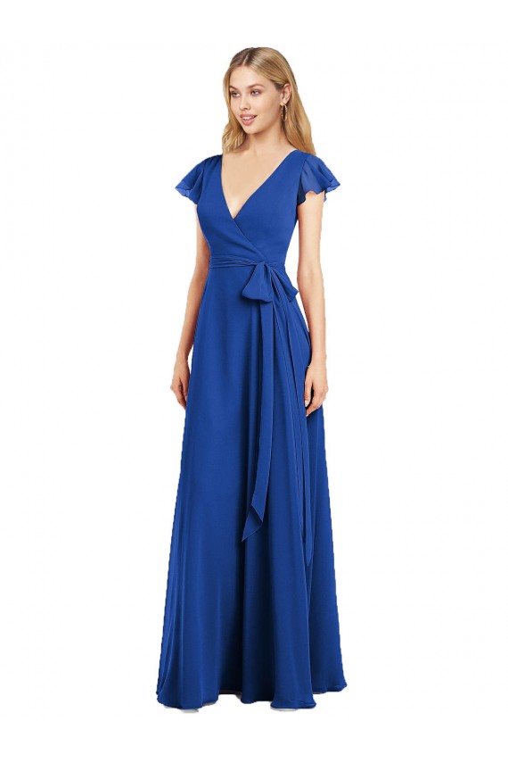 Long Royal Blue Flutter Sleeves A-Line Bridesmaid Dress Leeds