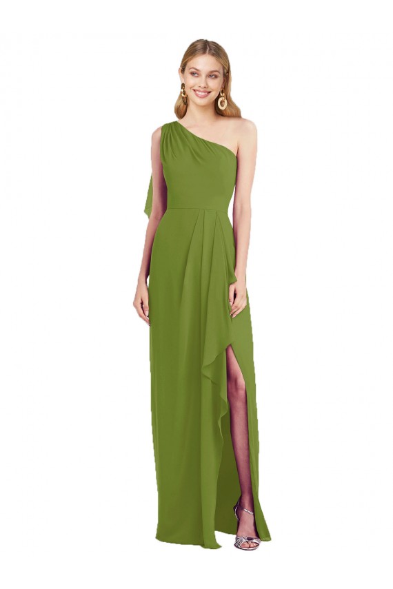 Long Olive Green Sleeveless Trumpet Draped Front Slit Bridesmaid Dress Leeds