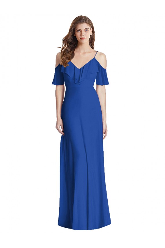 Long Royal Blue Cold Shoulder Trumpet V-Back Semi Formal Evening Dress / Bridesmaid Dress Leeds