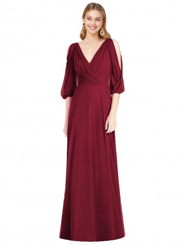 Long Burgundy Bell Sleeves Trumpet V-Back Formal Dress / Bridesmaid Dress Leeds