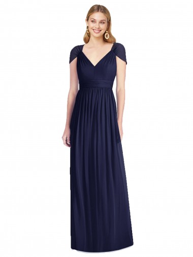 Long Dark Navy Cap Sleeves Trumpet Open Back Bridesmaid Dress Leeds