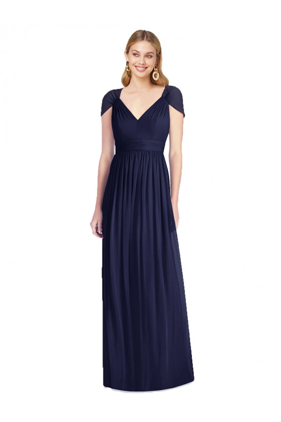 Long Dark Navy Cap Sleeves Trumpet Open Back Bridesmaid Dress Leeds