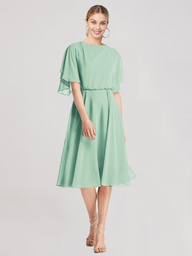Knee Length Mint Green Flutter Sleeves A-Line Tie Back Bridesmaid Dress Leeds
