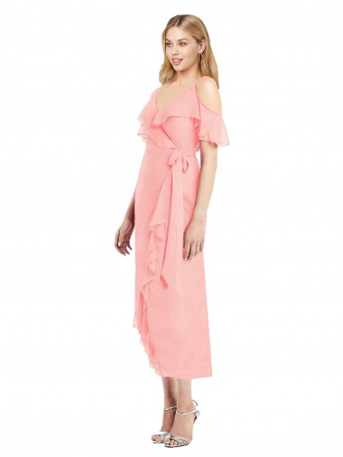 Cocktail Length Salmon Cold Shoulder Trumpet High Low Bridesmaid Dress Leeds