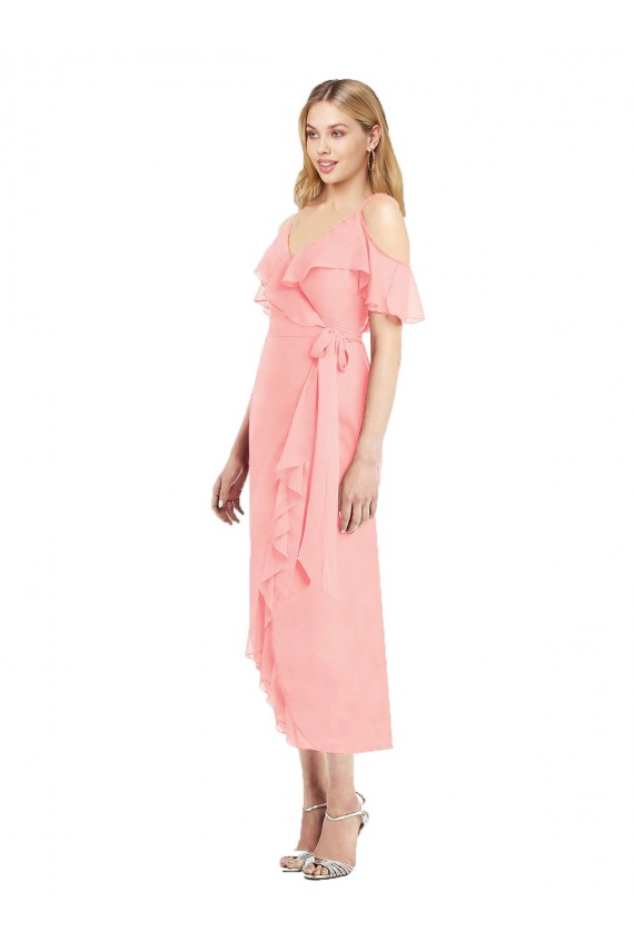 Cocktail Length Salmon Cold Shoulder Trumpet High Low Bridesmaid Dress Leeds