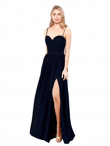 Long Dark Navy Sleeveless A-Line High Slit Formal Evening Gown / Bridesmaid Dress Leeds