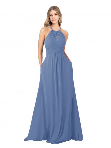 Long Windsor Blue Sleeveless A-Line Keyhole Back Front Slit Bridesmaid Dress Leeds
