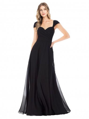 Long Black Cap Sleeves A-Line Bridesmaid Dress Leeds