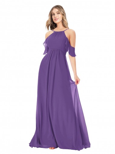 Long Plum Purple Cold Shoulder A-Line Bridesmaid Dress Leeds