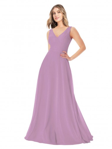 Long Dark Lavender Sleeveless A-Line Soft Chiffon Bridal Party Dress Leeds