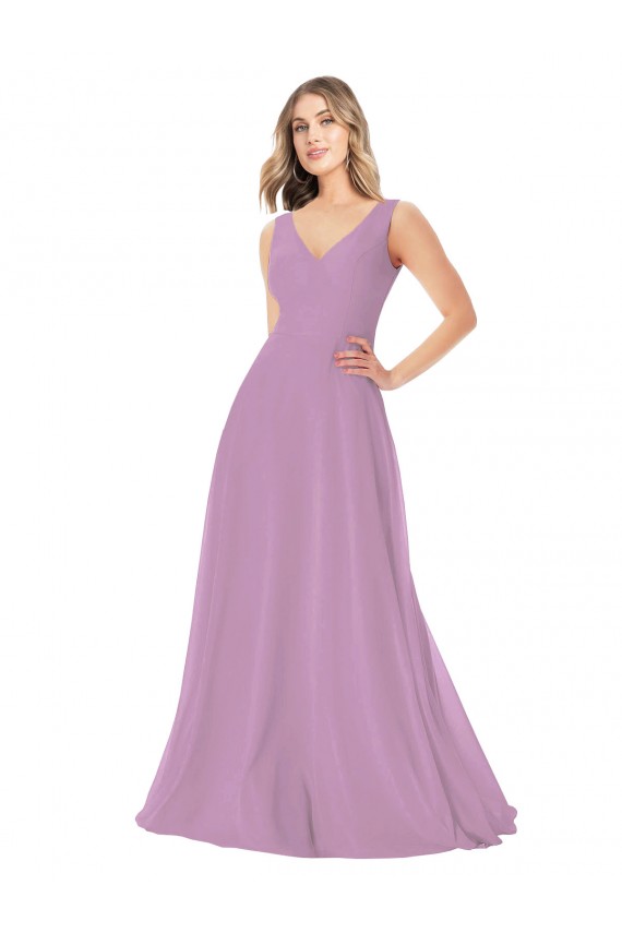 Long Dark Lavender Sleeveless A-Line Soft Chiffon Bridal Party Dress Leeds