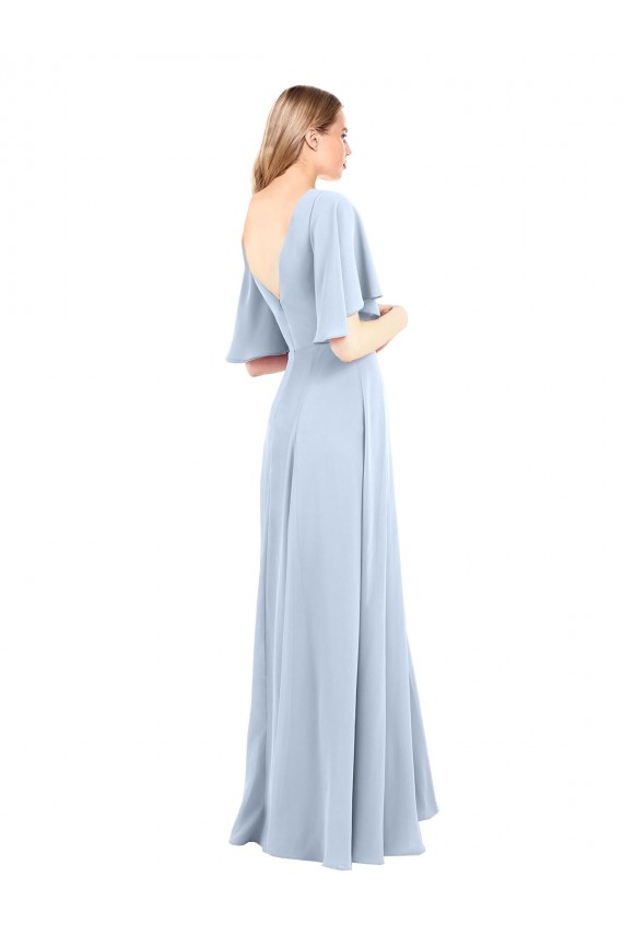 Long Light Sky Blue Flutter Sleeves A-Line V-Back Front Slit Bridesmaid Dress / Evening Dress Leeds