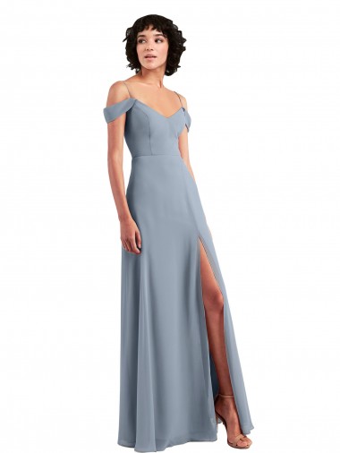 Long Dusty Blue Sleeveless A-Line High Side Slit Formal Dress / Bridesmaid Dress Leeds