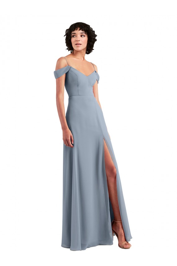 Long Dusty Blue Sleeveless A-Line High Side Slit Formal Dress / Bridesmaid Dress Leeds