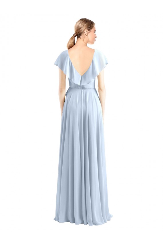 Long Royal Blue Flutter Sleeves A-Line V-Back Bridesmaid Dress Leeds