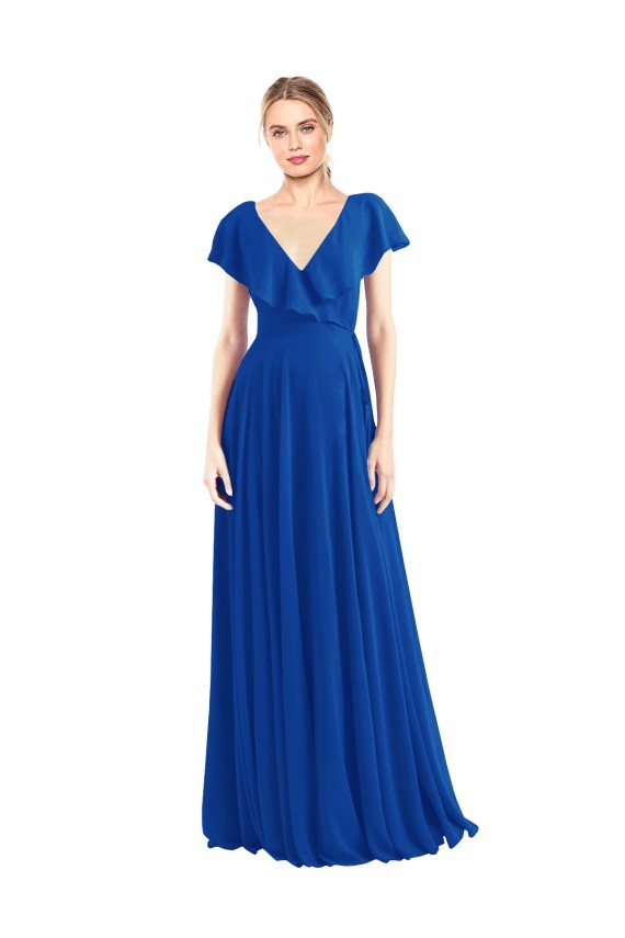 Long Royal Blue Flutter Sleeves A-Line V-Back Bridesmaid Dress Leeds