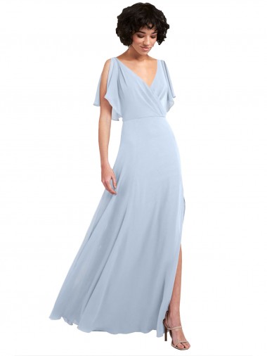 Long Light Sky Blue Split Sleeves A-Line V-Back Bridesmaid Dresses Leeds