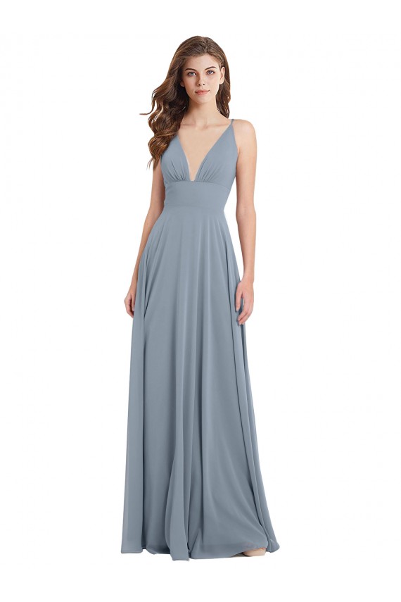 Long Dusty Blue Sleeveless A-Line V-Back Bridesmaid Dress / Evening Gowns Leeds